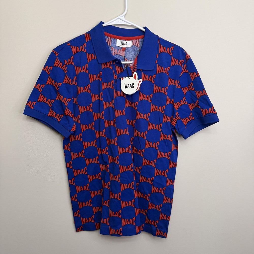WAAC Polo Shirt Womens 1 Blue Allover Logo Print Golf Top Short Sleeve Cotton